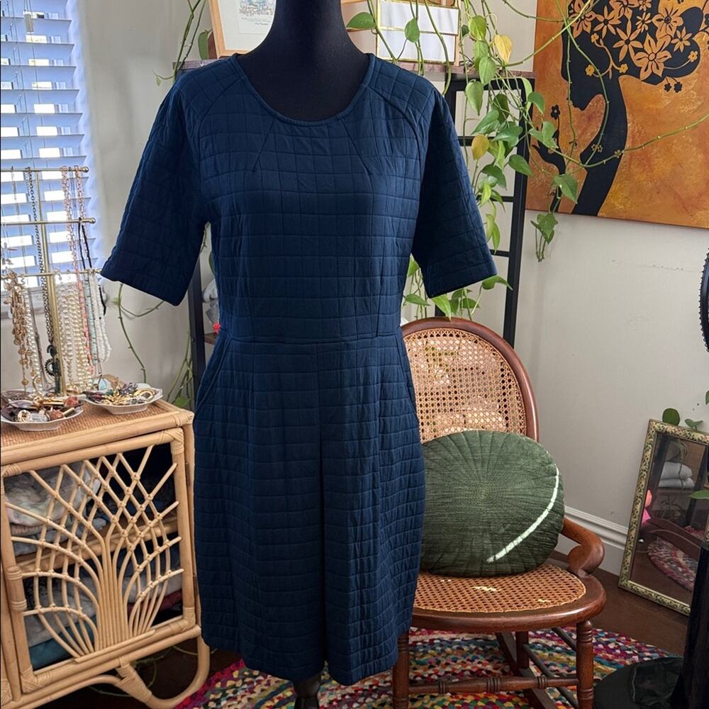 Whistles Navy Blue Quilted Short Sleeve Classic Preppy Shift Dress